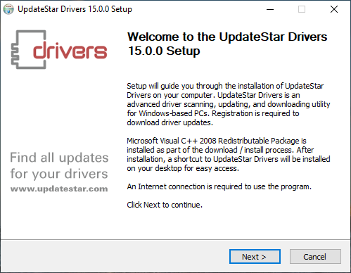 UpdateStar Drivers इंस्टॉलेशन विज़ार्ड
